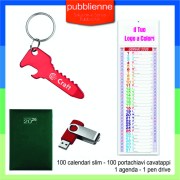 100 Calendari Slim + 100 Portachiavi Incisi + 1 Agenda + 1 Pen drive9